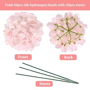 JPSOR 30pcs Hydrangea Artificial Flowers, Silk Flower Heads with Stems, Fake Flowers for Wedding Arch Centerpiece Home Decoration (Pink)