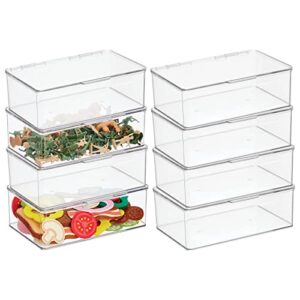 mdesign plastic playroom and gaming storage organizer box containers with hinged lid for shelves or cubbies, holds small toys, building blocks, puzzles, markers, controllers, or crayons, 8 pack, clear