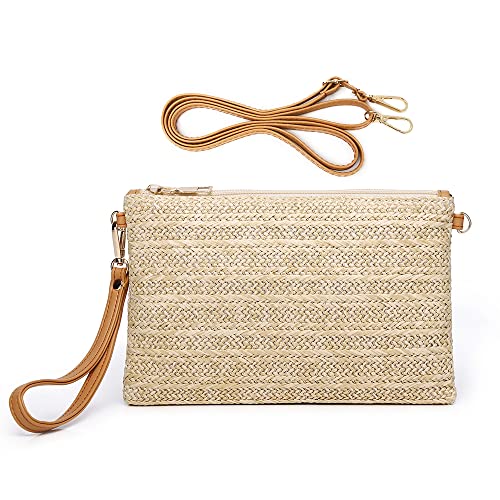 Straw Clutch Purse for Women, Summer Beach Straw Purse Cute Zipper Wristlet Wallets, Small Straw Handbag for Vacation (Light Brown)