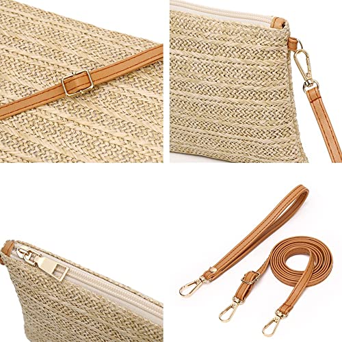 Straw Clutch Purse for Women, Summer Beach Straw Purse Cute Zipper Wristlet Wallets, Small Straw Handbag for Vacation (Light Brown)