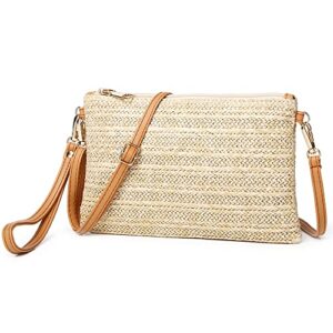 Straw Clutch Purse for Women, Summer Beach Straw Purse Cute Zipper Wristlet Wallets, Small Straw Handbag for Vacation (Light Brown)