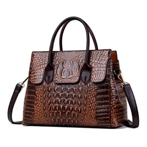 uonifans purses and handbags for women fashion crocodile pattern top handle satchel shoulder tote bags ladies pu leather crossbody bag (brown)