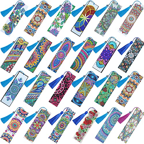 Zhehao 24 Pcs 5D Diamond Painting Bookmarks Floral Rhinestone Bookmarks Diamond Art Bookmarks Leather DIY Bookmarks Beaded Painting Bookmark with Tassel for Kids Adults DIY Art Craft Supplies