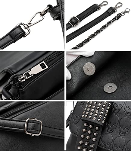 YAQUNICER Skull Purse Punk Rivet Shoulder Crossbody Bags for Women Chain Underarm Bag Handbag-Black