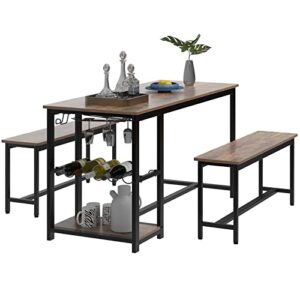 soges 3 pieces dining table set for 4, dinner table set with 2 benches, rustic wood breakfast table set with wine rack and glass holder, nesting dinette set for kitchen dining room