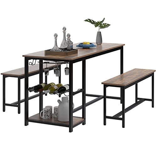 soges 3 Pieces Dining Table Set for 4, Dinner Table Set with 2 Benches, Rustic Wood Breakfast Table Set with Wine Rack and Glass Holder, Nesting Dinette Set for Kitchen Dining Room