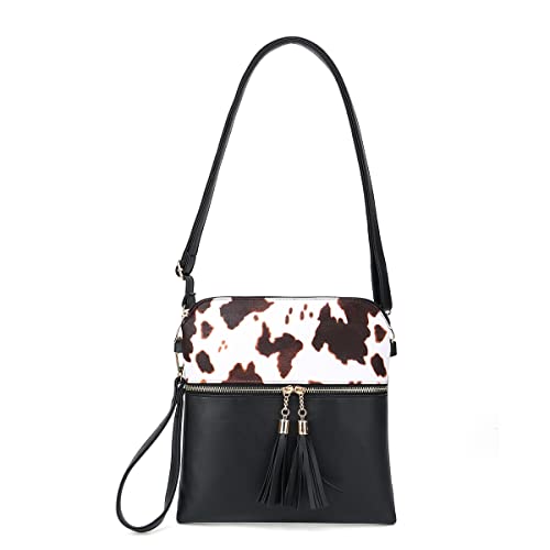 Sunwel Fashion Cow Print Wristlet Tassel Purse-Zipper Pockets Crossbody Bag Shoulder Handbag for Women Girls