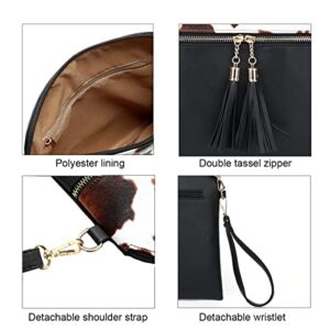 Sunwel Fashion Cow Print Wristlet Tassel Purse-Zipper Pockets Crossbody Bag Shoulder Handbag for Women Girls