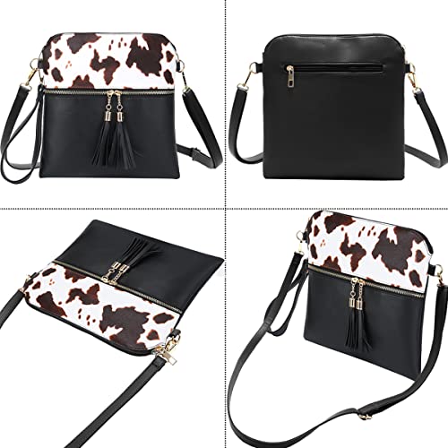 Sunwel Fashion Cow Print Wristlet Tassel Purse-Zipper Pockets Crossbody Bag Shoulder Handbag for Women Girls