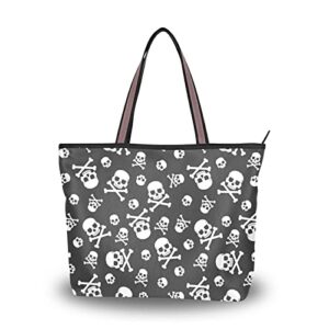 tote bag skull crossbones print, large capacity zipper women grocery bags purse for daily life 2 sizes