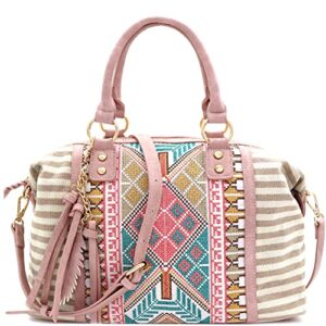 boho tassel leaf charm aztec & stripe embroidered canvas satchel tote handbag purse (embroidered satchel – beige/blush)