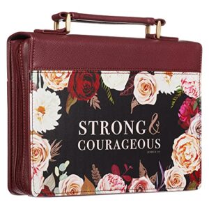 Christian Art Gifts Protective Faux Leather Fashion Bible Cover Carry Case with Handle for Women: Strong and Courageous - Joshua 1:9 Inspirational Bible Verse - Merlot Floral Rose Bouquet, Medium