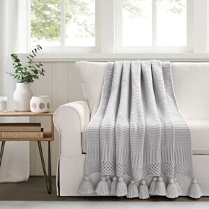lush decor boho knitted tassel throw blanket, 60″ x 50″, light gray