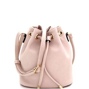 trendeology casual soft pu leather drawstring small 2 way bucket shoulder bag crossbody (nude)