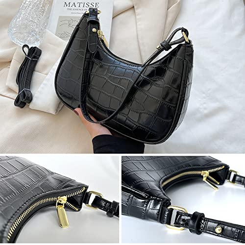 AMHDV Small Crocodile Shoulder Bag Retro Classic Crossbody Clutch Purse with Zipper Closure (Black)