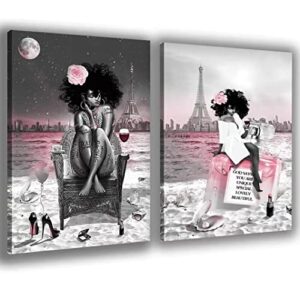 Black Girl African American Wall Art Decor Women Pink And Grey On Beach Eiffel Tower Abstract Canvas Paintings Pictures Posters Prints Bathroom Artwork For Wall Bedroom No Frame 16x24in (40x60cm)