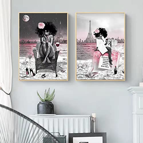 Black Girl African American Wall Art Decor Women Pink And Grey On Beach Eiffel Tower Abstract Canvas Paintings Pictures Posters Prints Bathroom Artwork For Wall Bedroom No Frame 16x24in (40x60cm)