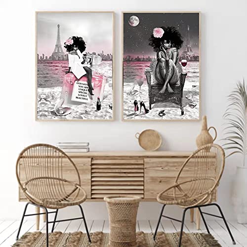 Black Girl African American Wall Art Decor Women Pink And Grey On Beach Eiffel Tower Abstract Canvas Paintings Pictures Posters Prints Bathroom Artwork For Wall Bedroom No Frame 16x24in (40x60cm)