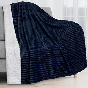 pavilia sherpa fleece blanket throw | stripe, super soft, plush, luxury flannel throw | thick fluffy ribbed microfiber blanket for sofa couch bed (navy blue, 50×60 inches)