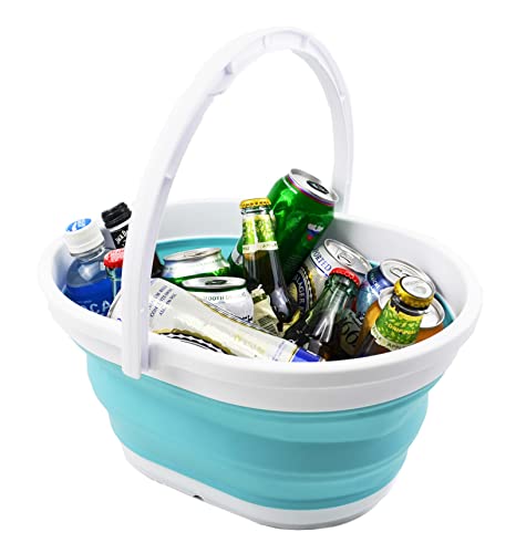 SAMMART 11L (2.9 Gallon) Collapsible Basket with Handle - Portable Outdoor Picnic Basket/Crater - Foldable Shopping Bag - Space Saving Storage Container (White/Haze Blue)