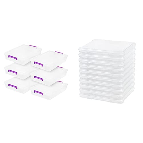 IRIS USA 6 Qt. Large Flat Plastic Modular Storage Bin Tote Organizing Container, 6 Pack, Clear and Purple & IRIS USA, Inc. IRIS Slim Portable Project Case, 10 Pack, Clear (586390)