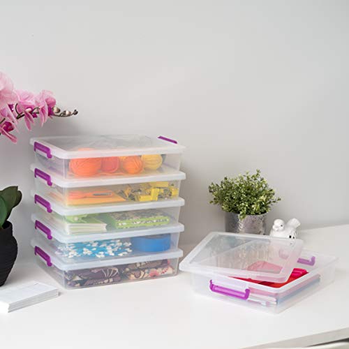 IRIS USA 6 Qt. Large Flat Plastic Modular Storage Bin Tote Organizing Container, 6 Pack, Clear and Purple & IRIS USA, Inc. IRIS Slim Portable Project Case, 10 Pack, Clear (586390)