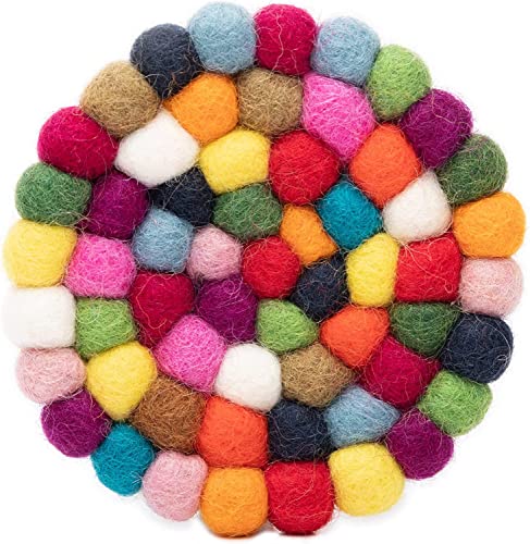 Round Felt Ball Coasters - Hand Felted in Nepal - Multi-Color Set of 5-100% Merino Wool - Water-Wicking, Stain-Resistant, Absorbent