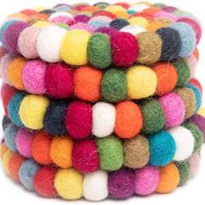 Round Felt Ball Coasters - Hand Felted in Nepal - Multi-Color Set of 5-100% Merino Wool - Water-Wicking, Stain-Resistant, Absorbent