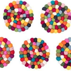Round Felt Ball Coasters - Hand Felted in Nepal - Multi-Color Set of 5-100% Merino Wool - Water-Wicking, Stain-Resistant, Absorbent