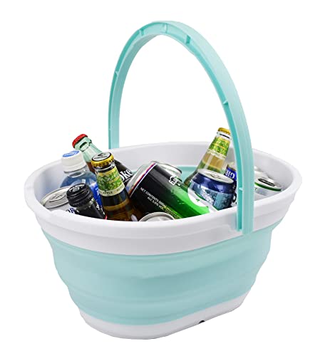 SAMMART 11L (2.9 Gallon) Collapsible Basket with Handle - Portable Outdoor Picnic Basket / Crater - Foldable Shopping Bag - Space Saving Storage Container (Lake Green + Grey)