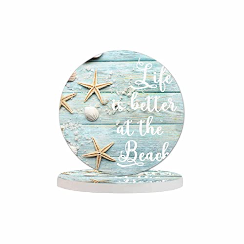 Pznen Life is Better at The Beach Drink Coaster for Tabletop Protection Summer Sand Sea Shells Starfishes Non-Slip Cups Place Mats Home Decor Diatomite Material for Men Women