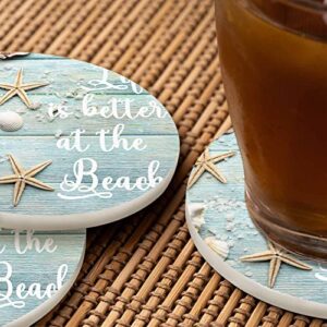 Pznen Life is Better at The Beach Drink Coaster for Tabletop Protection Summer Sand Sea Shells Starfishes Non-Slip Cups Place Mats Home Decor Diatomite Material for Men Women