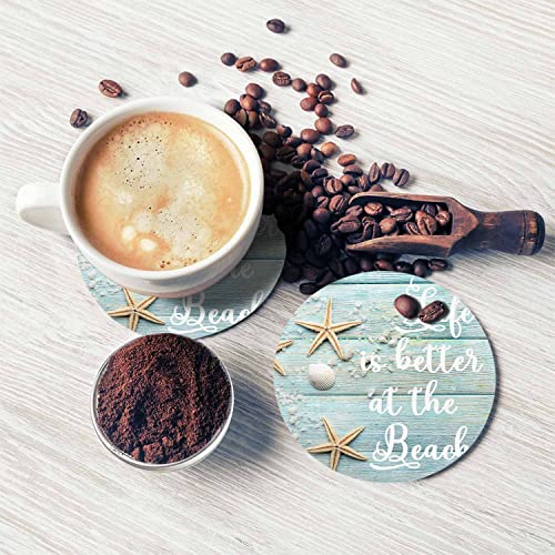 Pznen Life is Better at The Beach Drink Coaster for Tabletop Protection Summer Sand Sea Shells Starfishes Non-Slip Cups Place Mats Home Decor Diatomite Material for Men Women