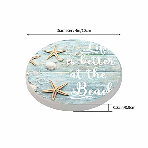 Pznen Life is Better at The Beach Drink Coaster for Tabletop Protection Summer Sand Sea Shells Starfishes Non-Slip Cups Place Mats Home Decor Diatomite Material for Men Women