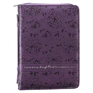 christian art gifts women’s fashion bible cover i can do all things philippians 4:13, purple floral faux leather, medium