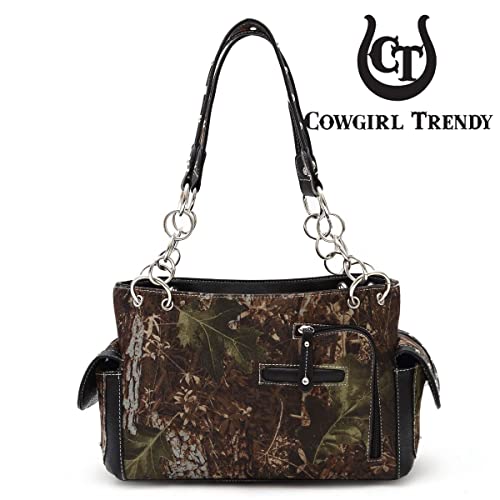 Cowgirl Trendy Camouflage Cross Western Style Studded Handbag Concealed Carry Purse Country Women Shoulder Bag Wallet (#3 Black Set)