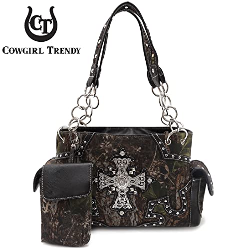 Cowgirl Trendy Camouflage Cross Western Style Studded Handbag Concealed Carry Purse Country Women Shoulder Bag Wallet (#3 Black Set)