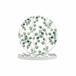 pznen eucalyptus round leaf coasters set for wood table green branches and leaves twig natural plant foliage tabletop protection mat for mugs and cups 4 inch for kitchen office home