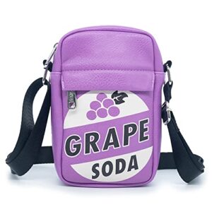 disney bag, cross body, pixar, up, grape soda bottle cap logo, purple, vegan leather
