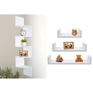 greenco corner shelf, 5 tier floating shelves & set of 3 floating “u” shelves, easy-to-assemble floating wall mount shelves for bedrooms and living rooms, white finish