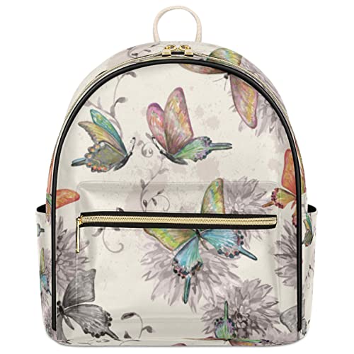 Butterfly Flower Mini Backpack Purse for Women, Butterfly Insect Small Backpack Leather Casual Daypacks Ladies Shoulder Bags for Women