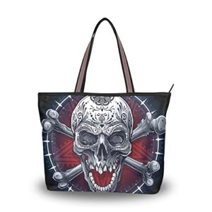 tote bag skull pentagram star print, large capacity zipper women grocery bags purse for daily life 2 sizes