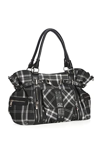 Rise Up Handcuff Goth Punk Rock Black and White Plaid Tartan Tote Crossbody Bag Women's Purse