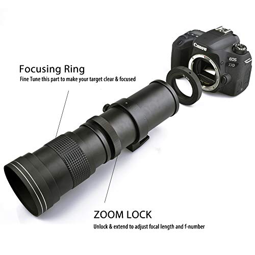 Lightdow 420-800mm f/8.3 Manual Zoom Super Telephoto Lens + T-Mount for Canon EOS Rebel T3 T3i T4i T5 T5i T6 T6i T6s T7 T7i SL1 SL2 6D 7D 7D 60D 70D 77D 80D 5D II/III/IV DSLR Camera Lenses