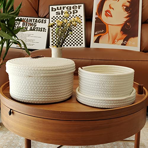 Aplolemo Round Cotton Rope Storage Basket with Lid,Decorative Woven Storage Bin,Organizer Box Container for Snacks Towels Plants, Leather Design Lidded Round Basket-Set of 2(11"x6"/9"x5")-White