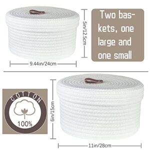 Aplolemo Round Cotton Rope Storage Basket with Lid,Decorative Woven Storage Bin,Organizer Box Container for Snacks Towels Plants, Leather Design Lidded Round Basket-Set of 2(11"x6"/9"x5")-White