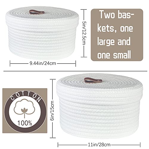 Aplolemo Round Cotton Rope Storage Basket with Lid,Decorative Woven Storage Bin,Organizer Box Container for Snacks Towels Plants, Leather Design Lidded Round Basket-Set of 2(11"x6"/9"x5")-White