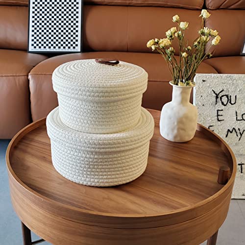 Aplolemo Round Cotton Rope Storage Basket with Lid,Decorative Woven Storage Bin,Organizer Box Container for Snacks Towels Plants, Leather Design Lidded Round Basket-Set of 2(11"x6"/9"x5")-White