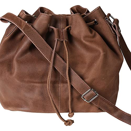 FLORIANA Women's Crossbody Handbags Bucket Bag Leather Drawstring Bags for Women, Chocolate