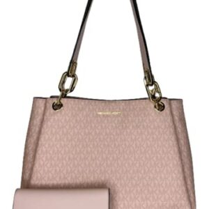 MICHAEL Michael Kors Trisha Large Triple Gusset Shoulder Tote bundled with Large Trifold Wallet and Michael Kors Purse Hook (Signature MK DK Powder Blush)